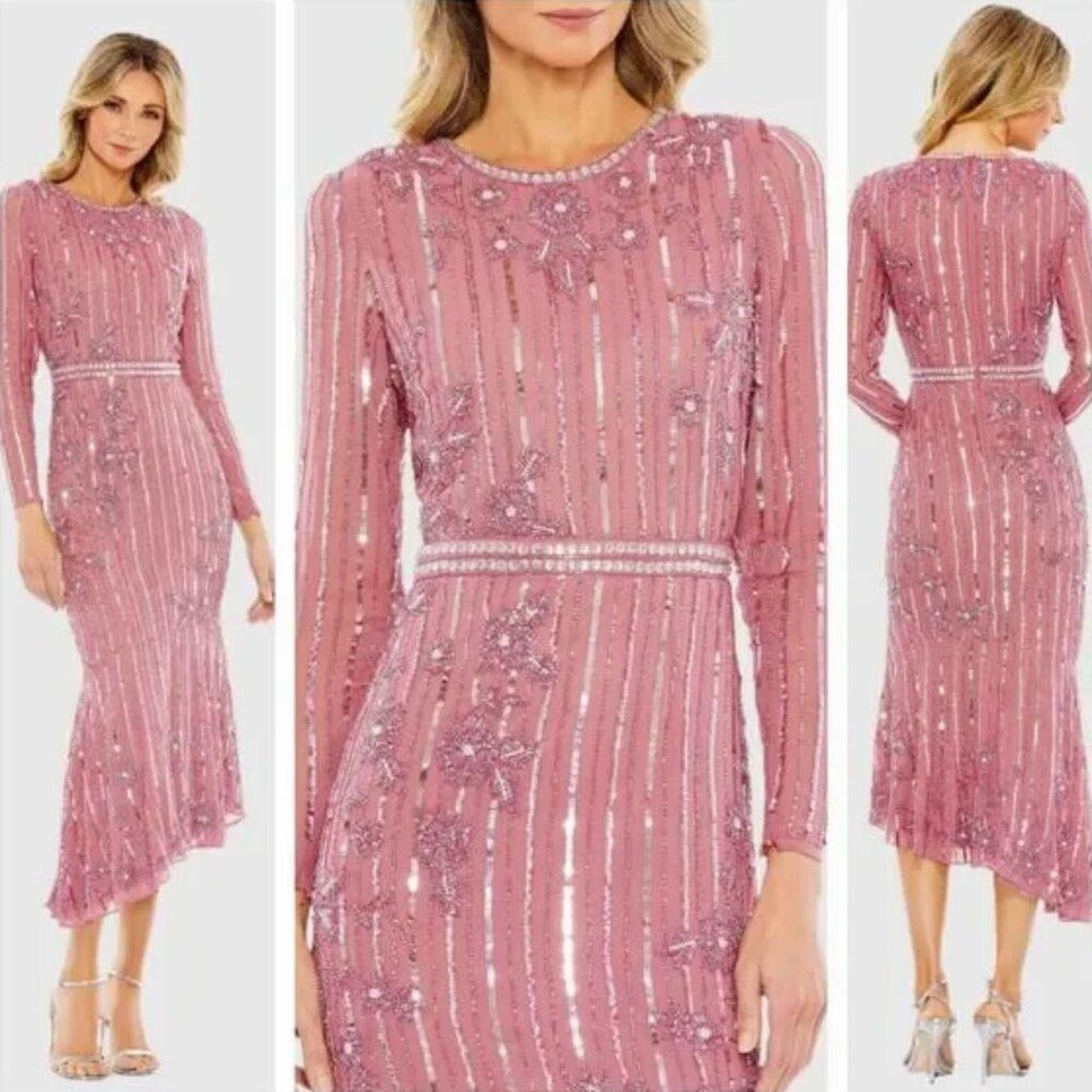 Mac‎ Duggal 93627 Size 24 Pink Floral Beaded Long Sleeve Embellished Midi Dress